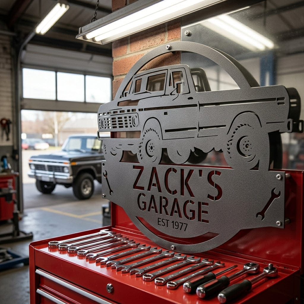 Steel Sign 1973 Ford F-100 Dad’s Garage Metal Sign – Classic Truck Wall Art for Dad’s Workshop