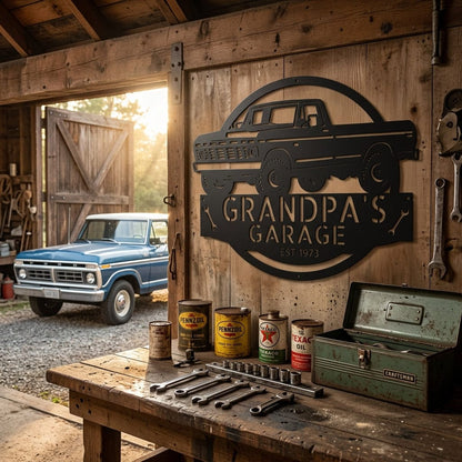 Steel Sign 1973 Ford F-100 Dad’s Garage Metal Sign – Classic Truck Wall Art for Dad’s Workshop