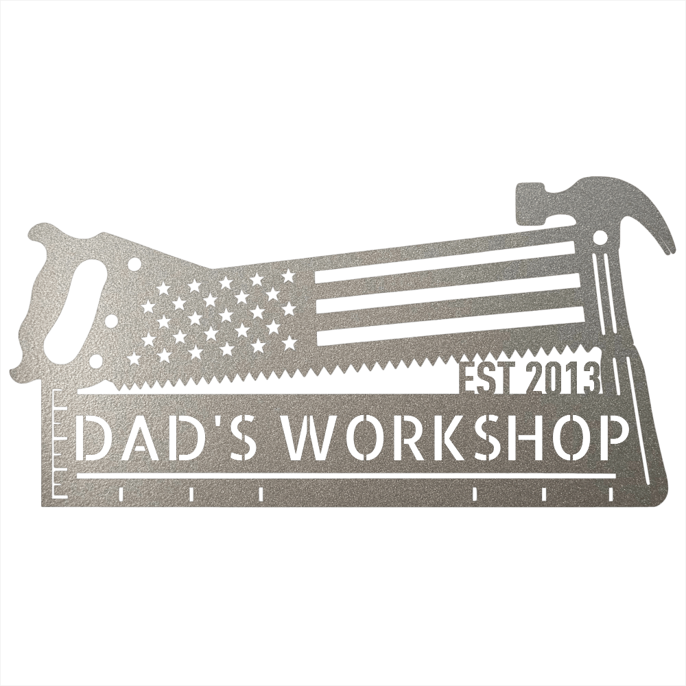 Steel Sign Silver / 12 American Flag Saw and Hammer Workshop Sign | Personalized Metal Sign