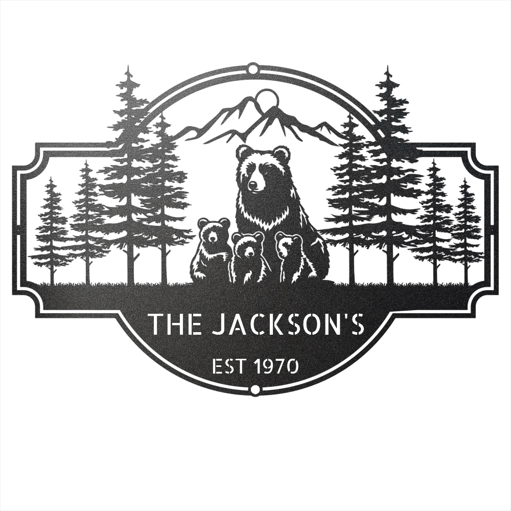 Steel Sign Black / 12 Bear Family Last Name Sign | Personalized Metal Cabin Wall Art