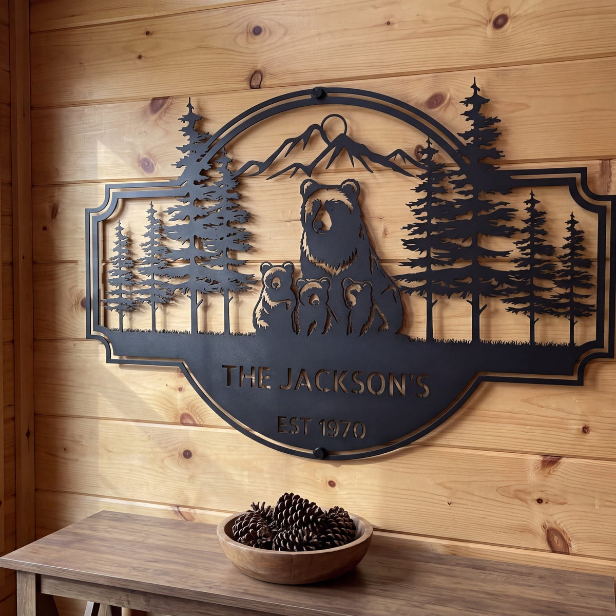 Steel Sign Black / 12 Bear Family Last Name Sign | Personalized Metal Cabin Wall Art