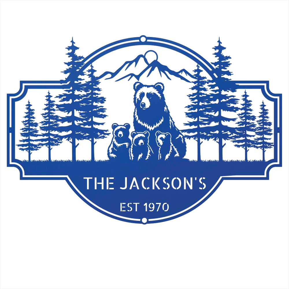 Steel Sign Blue / 12 Bear Family Last Name Sign | Personalized Metal Cabin Wall Art