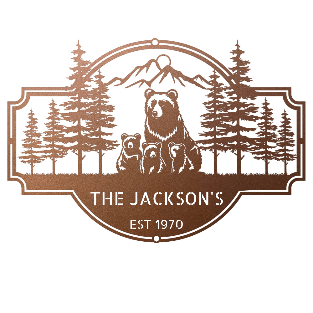 Steel Sign Copper / 12 Bear Family Last Name Sign | Personalized Metal Cabin Wall Art
