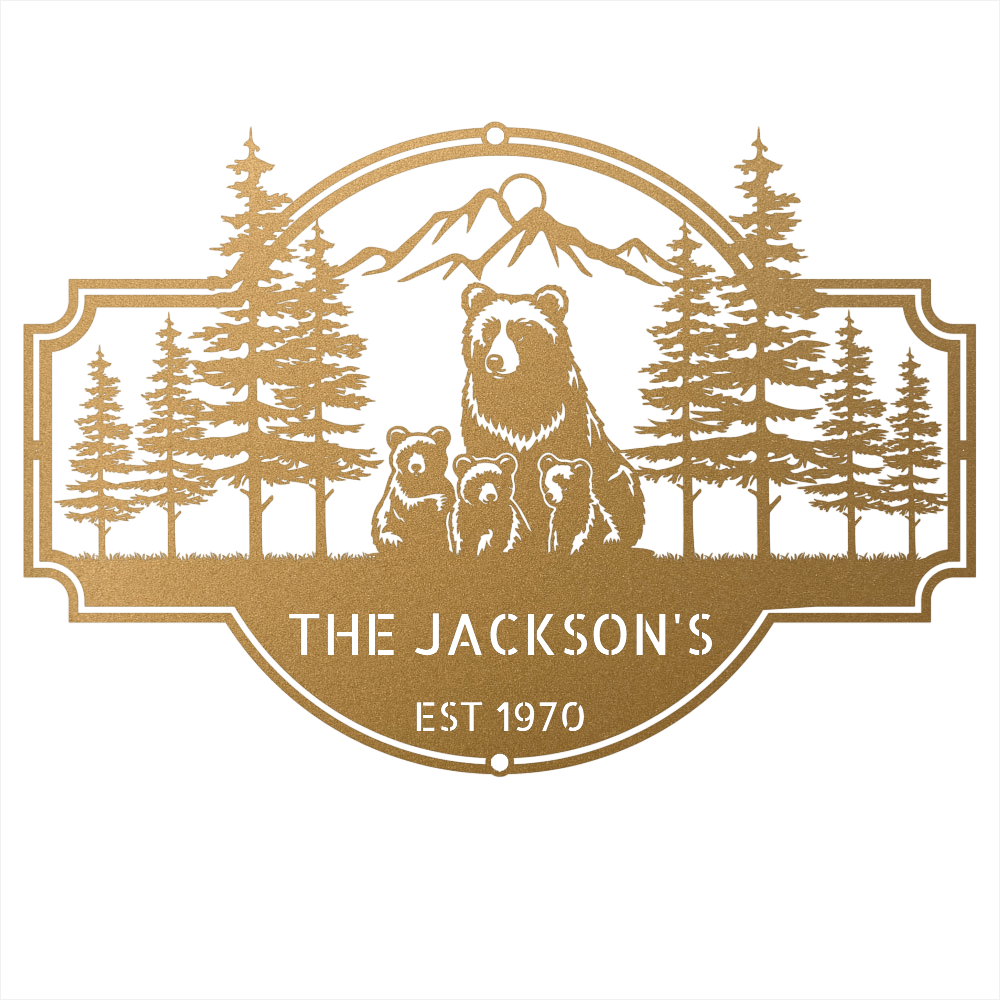 Steel Sign Gold / 12 Bear Family Last Name Sign | Personalized Metal Cabin Wall Art