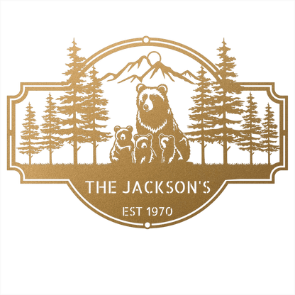 Steel Sign Gold / 12 Bear Family Last Name Sign | Personalized Metal Cabin Wall Art