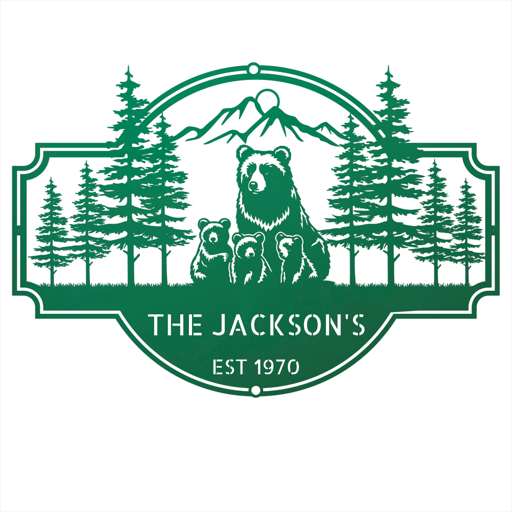 Steel Sign Green / 12 Bear Family Last Name Sign | Personalized Metal Cabin Wall Art