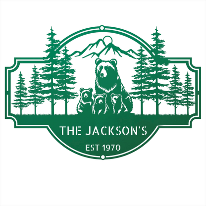 Steel Sign Green / 12 Bear Family Last Name Sign | Personalized Metal Cabin Wall Art