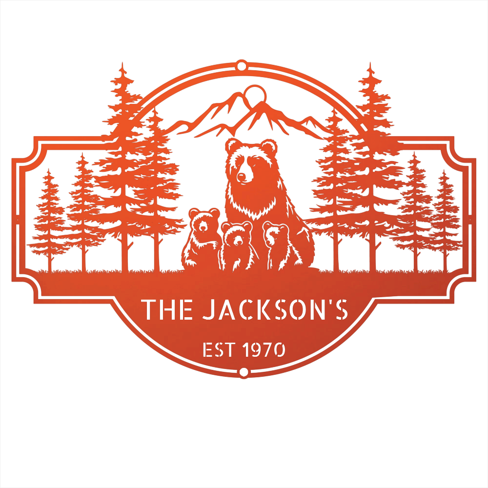 Steel Sign Orange / 12 Bear Family Last Name Sign | Personalized Metal Cabin Wall Art