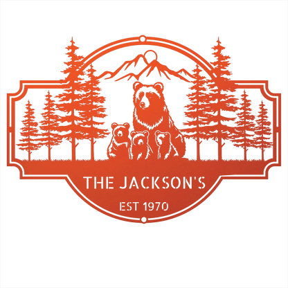 Steel Sign Orange / 12 Bear Family Last Name Sign | Personalized Metal Cabin Wall Art