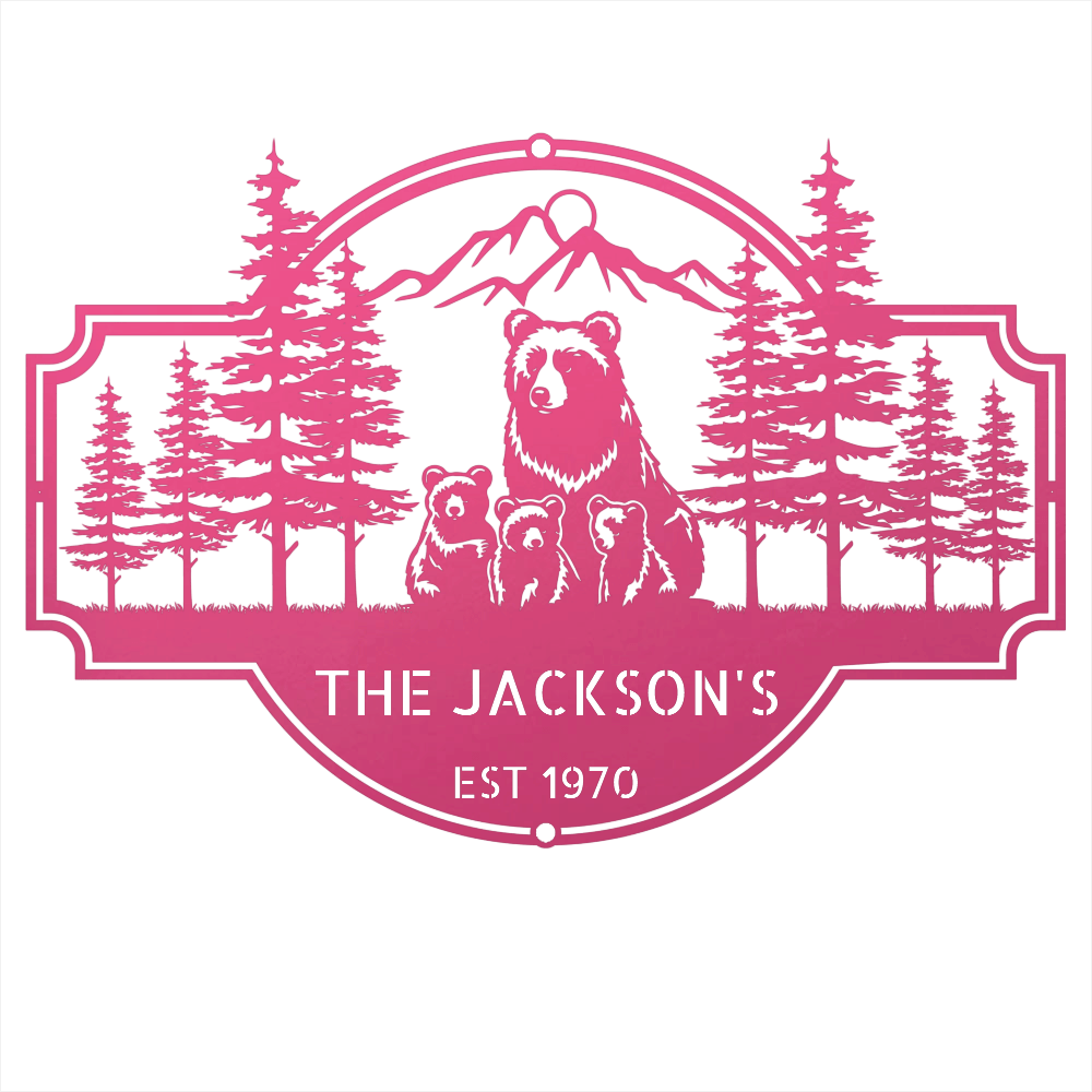 Steel Sign Pink / 12 Bear Family Last Name Sign | Personalized Metal Cabin Wall Art