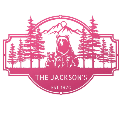 Steel Sign Pink / 12 Bear Family Last Name Sign | Personalized Metal Cabin Wall Art