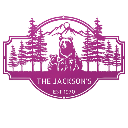 Steel Sign Purple / 12 Bear Family Last Name Sign | Personalized Metal Cabin Wall Art