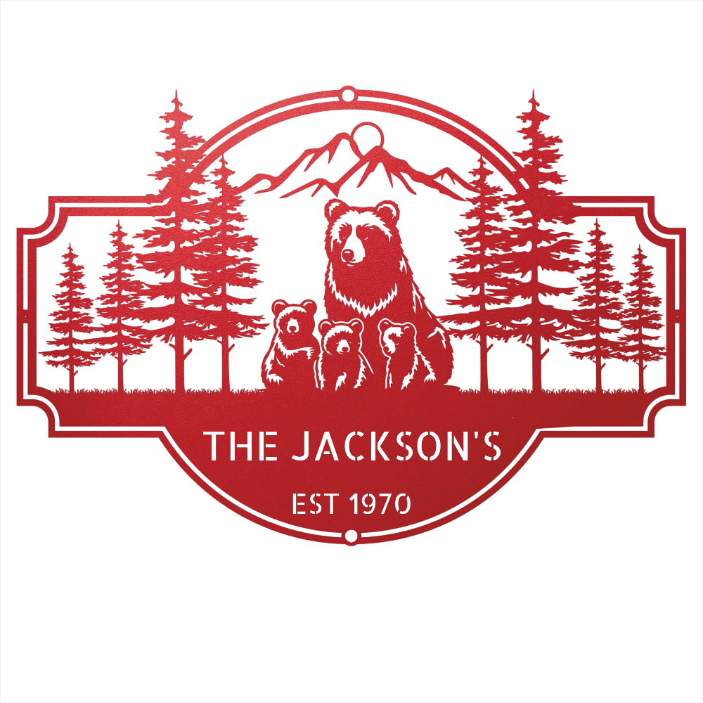 Steel Sign Red / 12 Bear Family Last Name Sign | Personalized Metal Cabin Wall Art