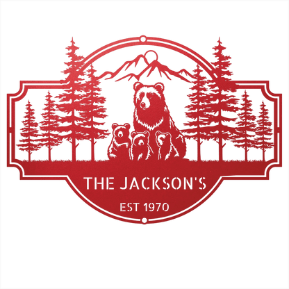Steel Sign Red / 12 Bear Family Last Name Sign | Personalized Metal Cabin Wall Art