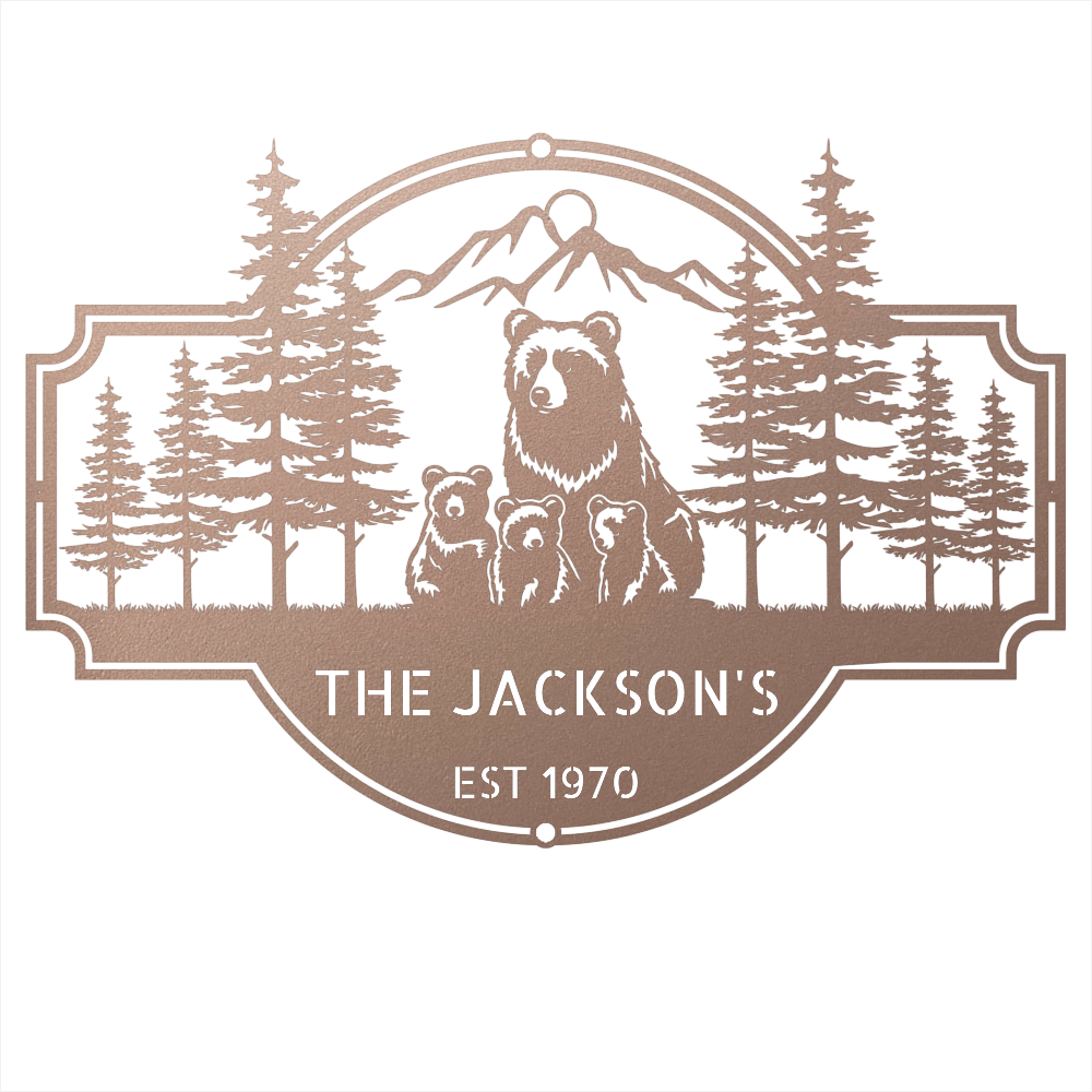 Steel Sign Rose / 12 Bear Family Last Name Sign | Personalized Metal Cabin Wall Art