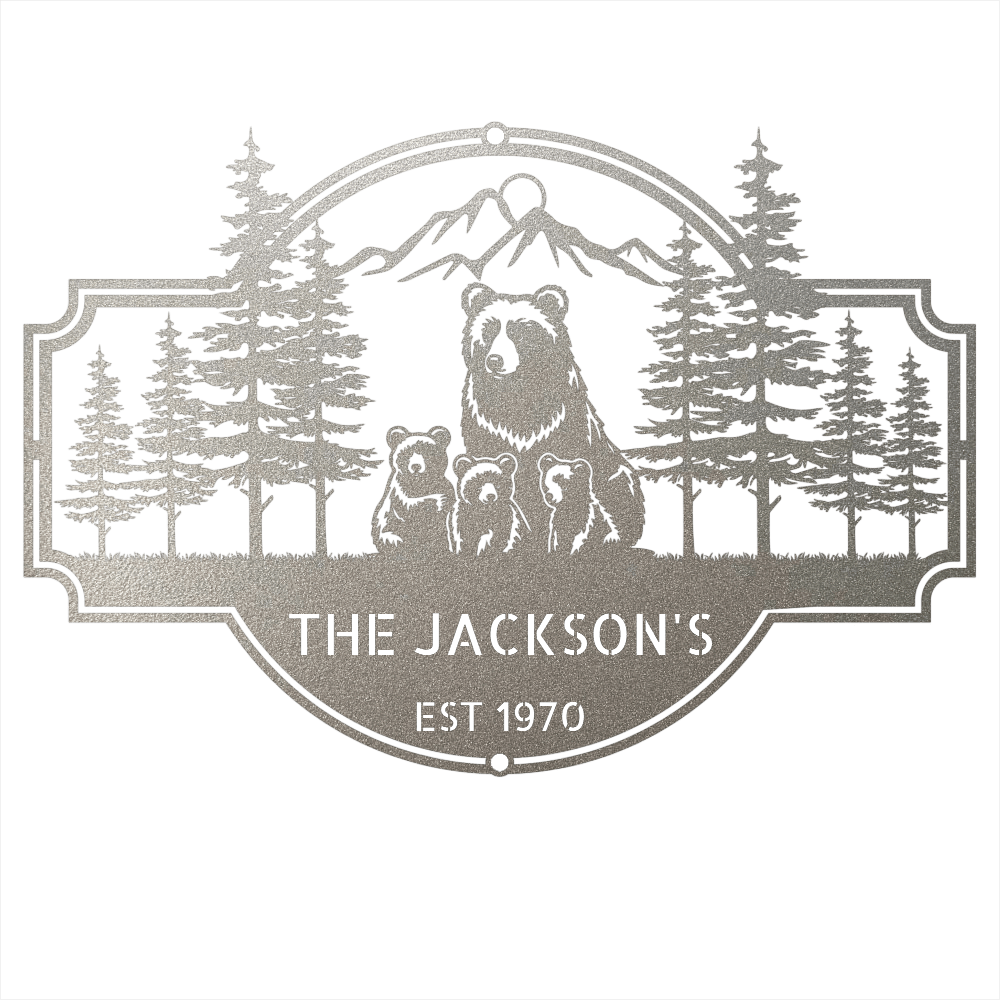 Steel Sign Silver / 12 Bear Family Last Name Sign | Personalized Metal Cabin Wall Art
