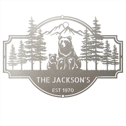 Steel Sign Silver / 12 Bear Family Last Name Sign | Personalized Metal Cabin Wall Art