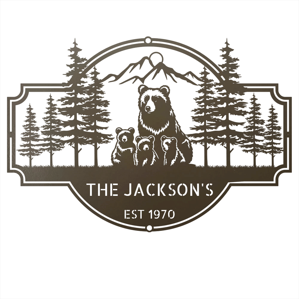 Steel Sign Stone / 12 Bear Family Last Name Sign | Personalized Metal Cabin Wall Art