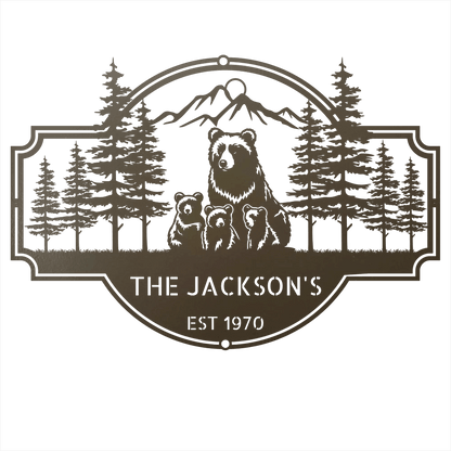 Steel Sign Stone / 12 Bear Family Last Name Sign | Personalized Metal Cabin Wall Art