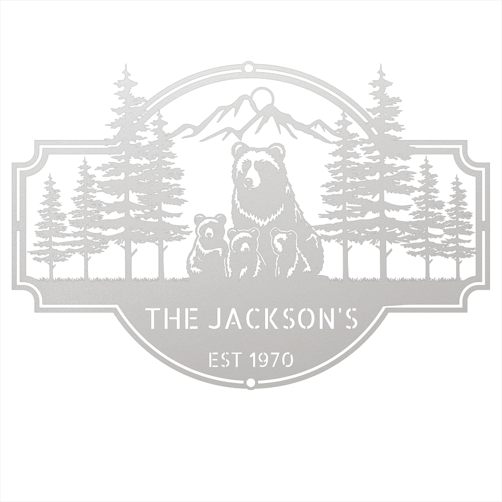 Steel Sign White / 12 Bear Family Last Name Sign | Personalized Metal Cabin Wall Art