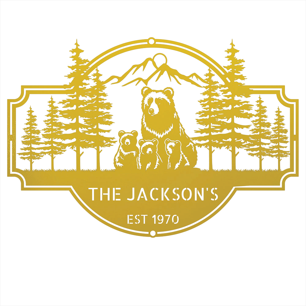 Steel Sign Yellow / 12 Bear Family Last Name Sign | Personalized Metal Cabin Wall Art