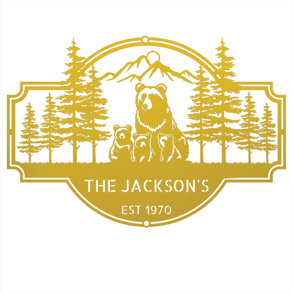Steel Sign Yellow / 12 Bear Family Last Name Sign | Personalized Metal Cabin Wall Art