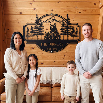 Steel Sign Bear Family Last Name Sign | Personalized Metal Cabin Wall Art