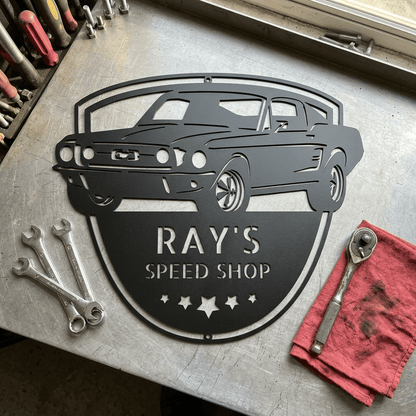 Steel Sign Black / 12" Classic Mustang Garage Sign | Personalized Metal Shop Monogram