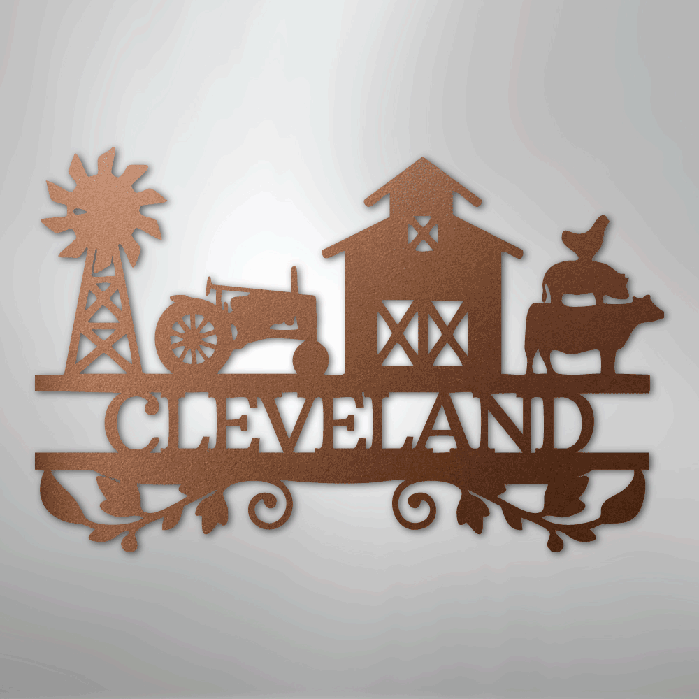 Steel Sign Copper / 12" Custom Farm Family Name Sign - Metal Wall Art with Tractor & Barn