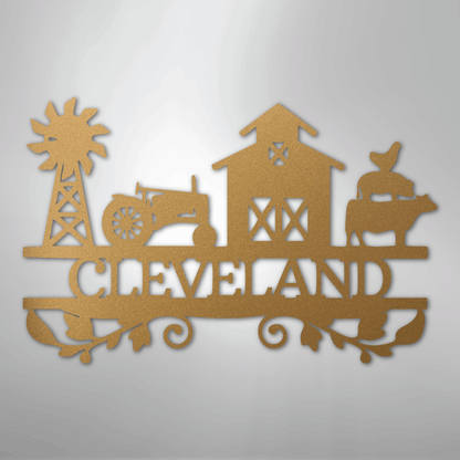 Steel Sign Gold / 12" Custom Farm Family Name Sign - Metal Wall Art with Tractor & Barn