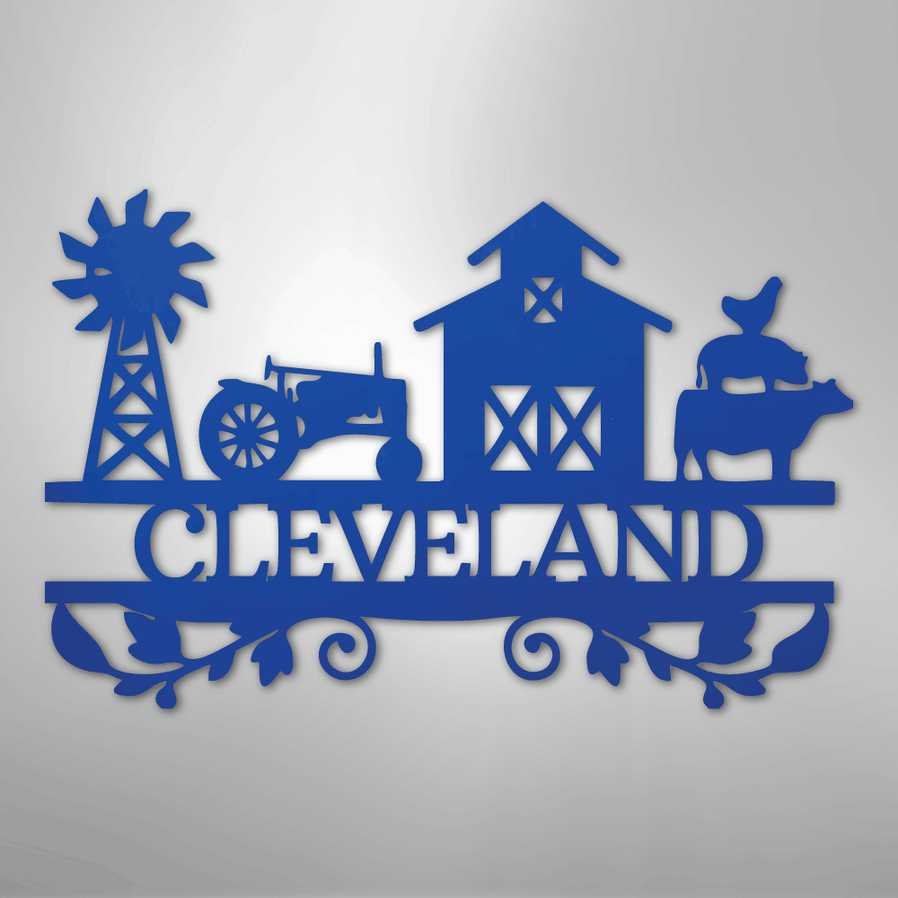 Steel Sign Blue / 24" Custom Farm Family Name Sign - Metal Wall Art with Tractor & Barn