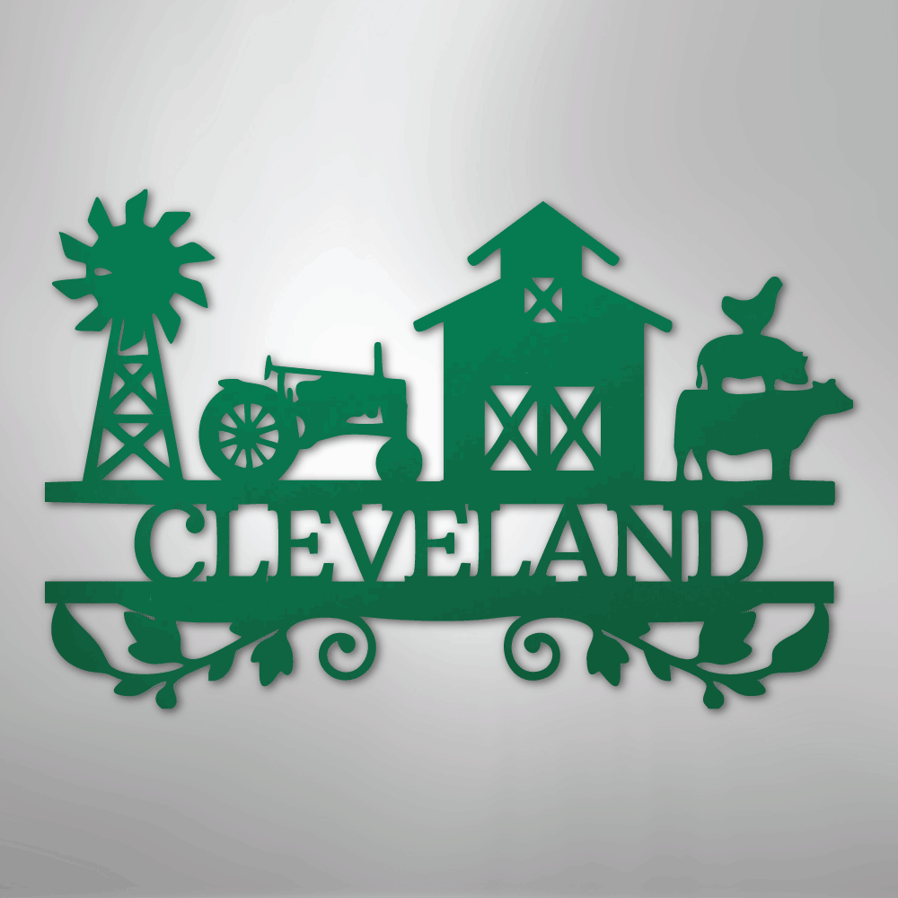 Steel Sign Green / 24" Custom Farm Family Name Sign - Metal Wall Art with Tractor & Barn