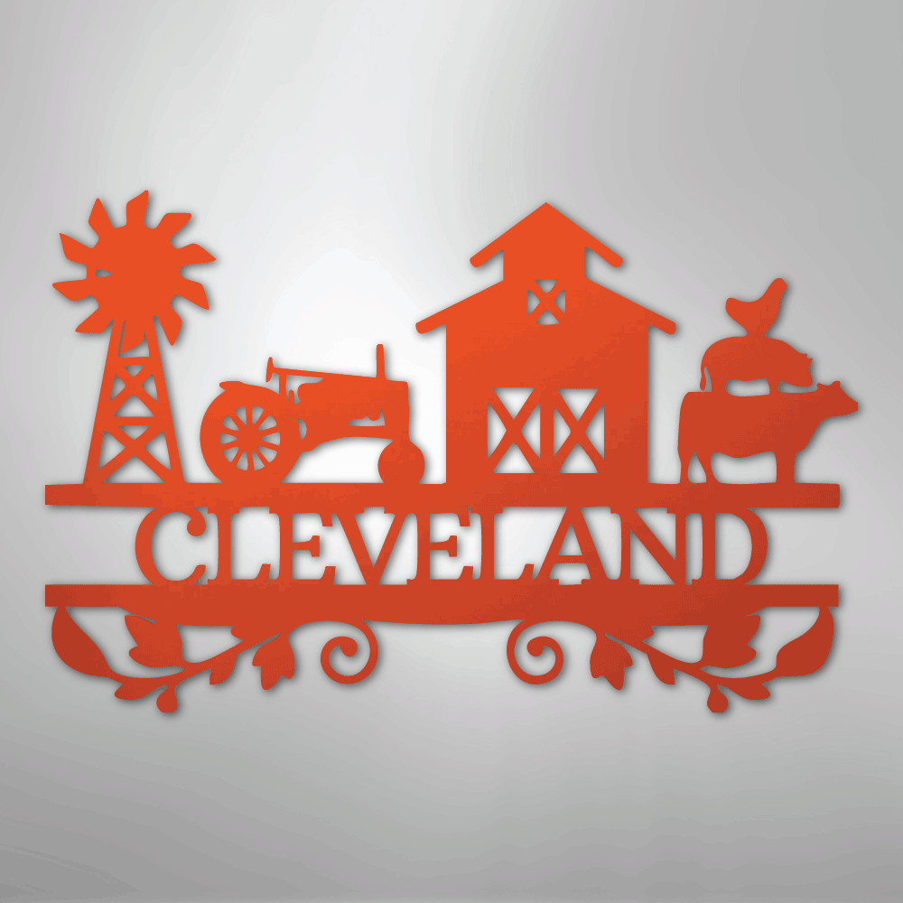 Steel Sign Orange / 24" Custom Farm Family Name Sign - Metal Wall Art with Tractor & Barn