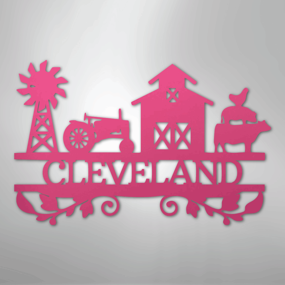 Steel Sign Pink / 24" Custom Farm Family Name Sign - Metal Wall Art with Tractor & Barn