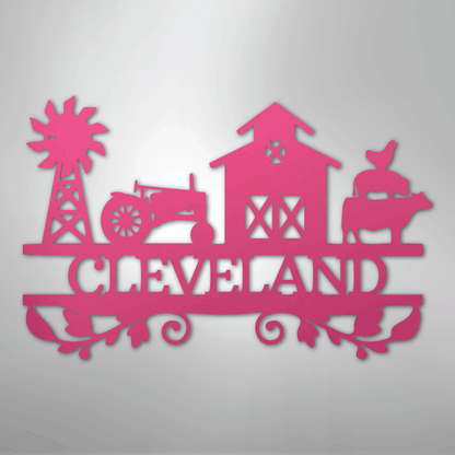 Steel Sign Pink / 24" Custom Farm Family Name Sign - Metal Wall Art with Tractor & Barn