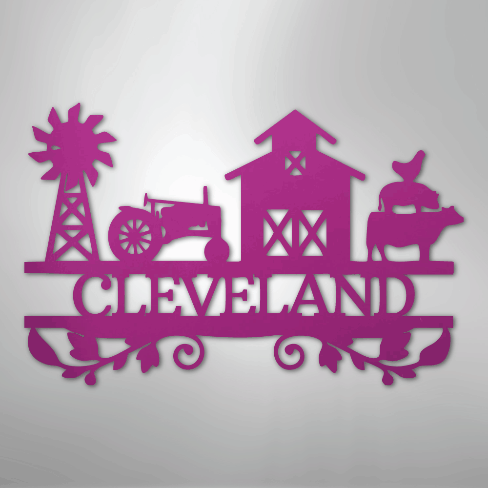 Steel Sign Purple / 24" Custom Farm Family Name Sign - Metal Wall Art with Tractor & Barn