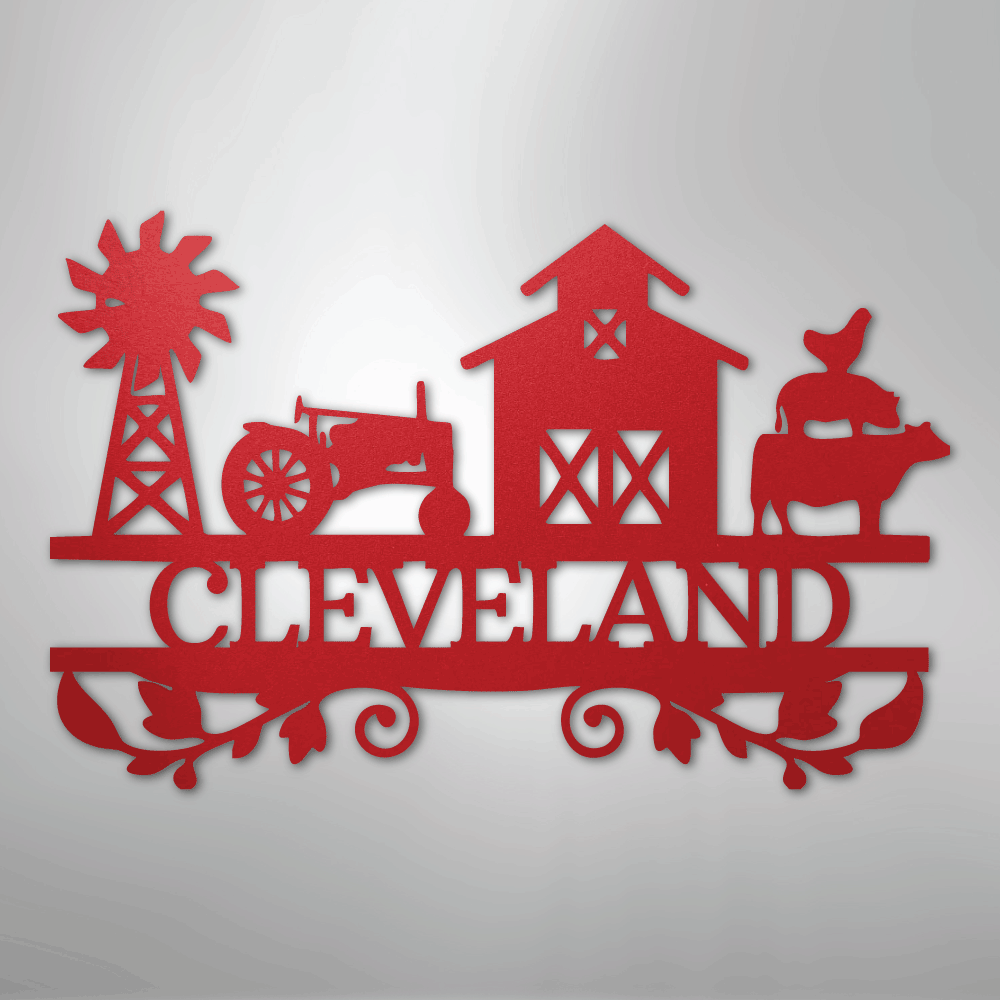 Steel Sign Red / 24" Custom Farm Family Name Sign - Metal Wall Art with Tractor & Barn