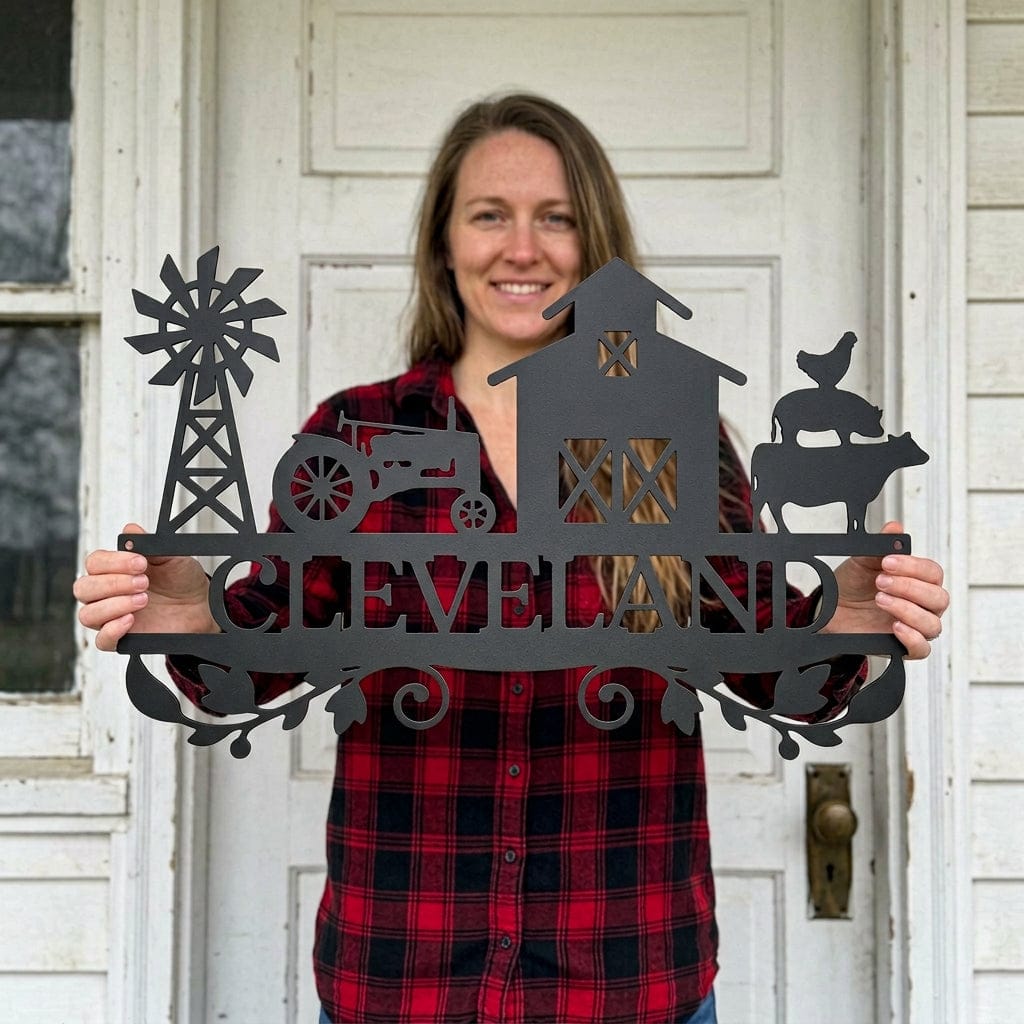 Steel Sign Custom Farm Family Name Sign - Metal Wall Art with Tractor & Barn