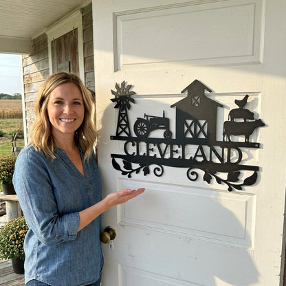 Steel Sign Custom Farm Family Name Sign - Metal Wall Art with Tractor & Barn