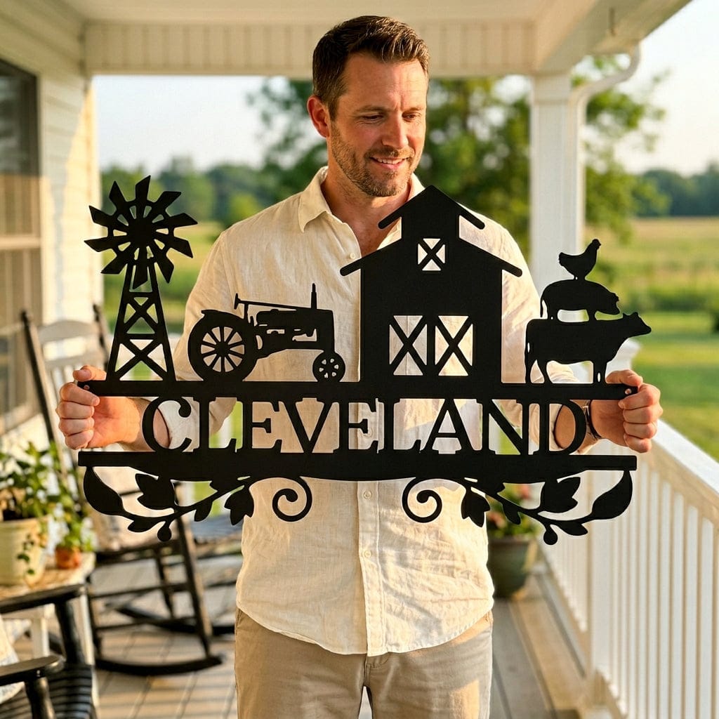 Steel Sign Custom Farm Family Name Sign - Metal Wall Art with Tractor & Barn