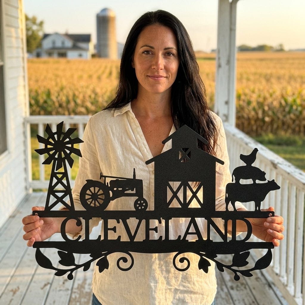 Steel Sign Custom Farm Family Name Sign - Metal Wall Art with Tractor & Barn