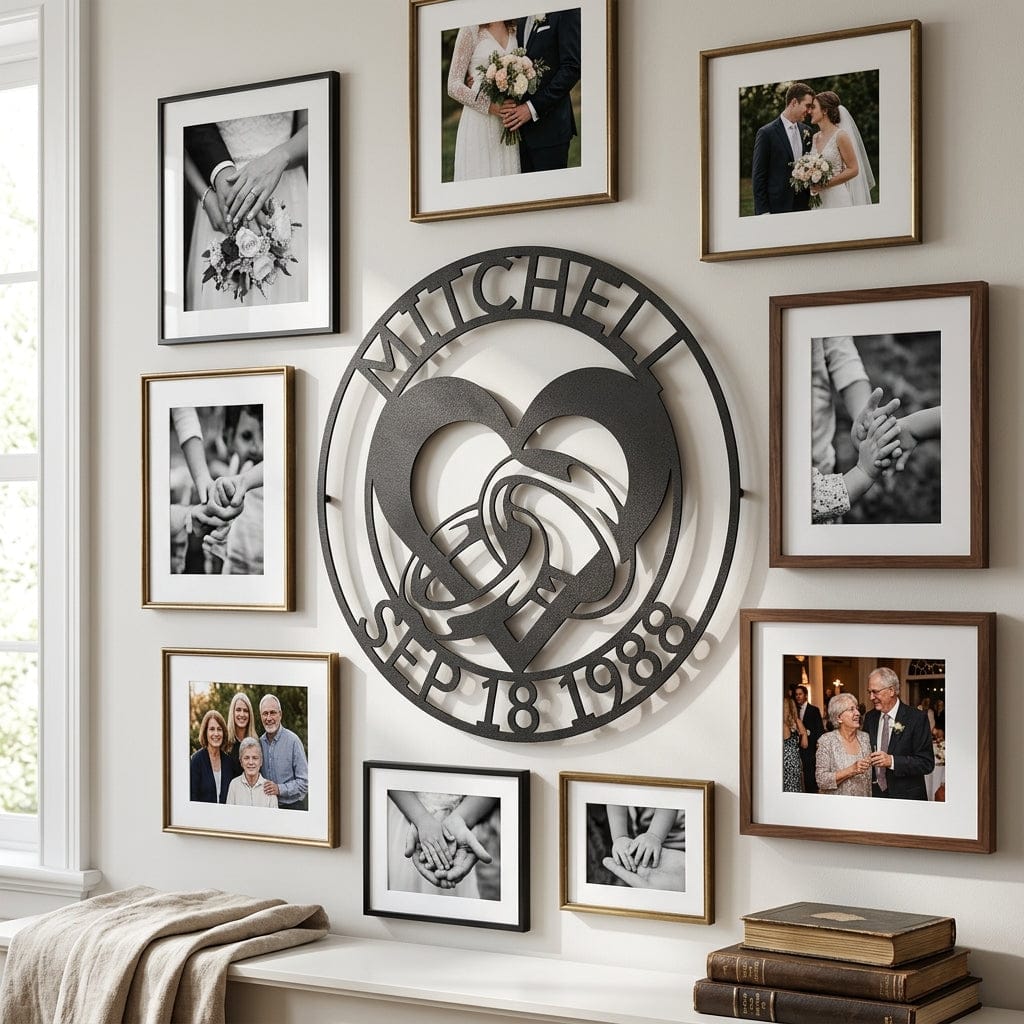 Steel Sign Custom Wedding Ring Heart Steel Sign – Personalized Monogram Anniversary Gift