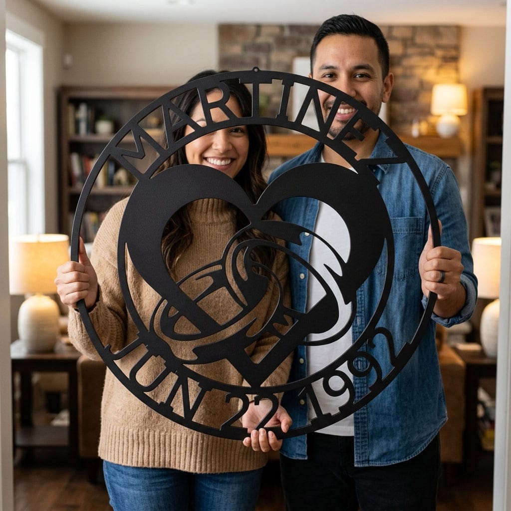 Steel Sign Custom Wedding Ring Heart Steel Sign – Personalized Monogram Anniversary Gift