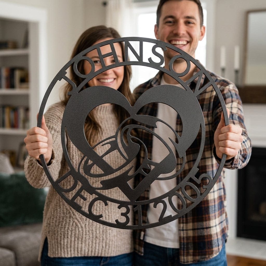 Steel Sign Custom Wedding Ring Heart Steel Sign – Personalized Monogram Anniversary Gift