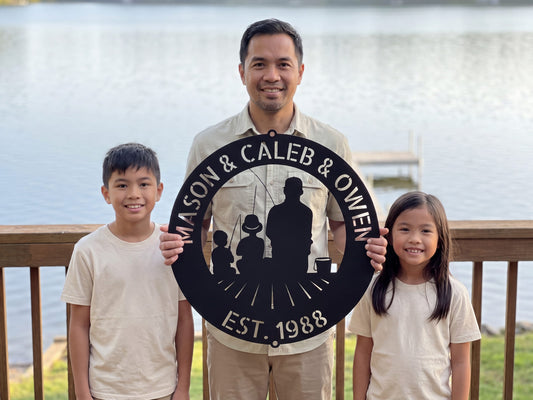 Steel Sign Dad and Kids Fishing Sign | Personalized Metal Family Name Sign