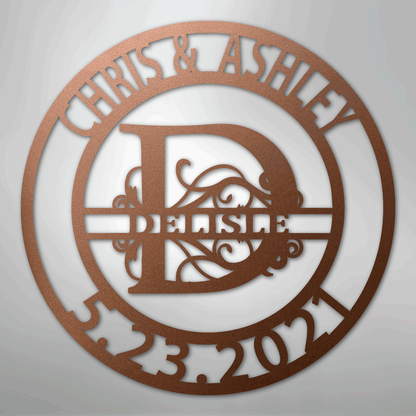 Steel Sign Copper / 12" Elaborate Split Letter Family Name - Steel Sign