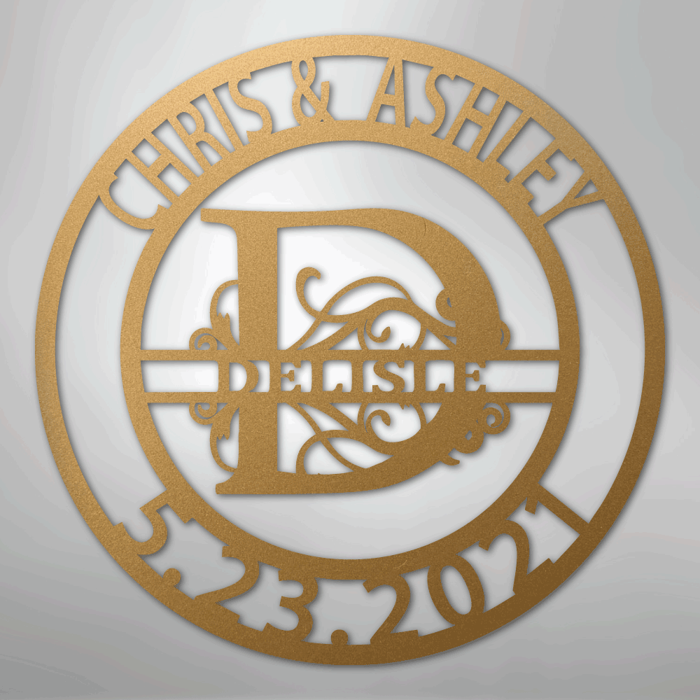 Steel Sign Gold / 12" Elaborate Split Letter Family Name - Steel Sign