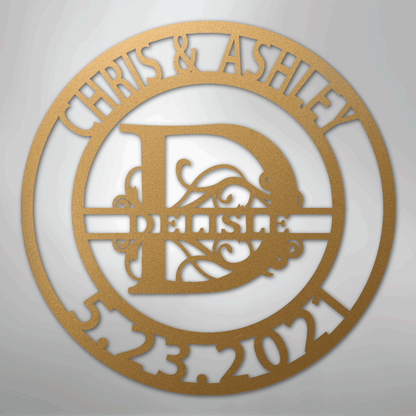 Steel Sign Gold / 12" Elaborate Split Letter Family Name - Steel Sign