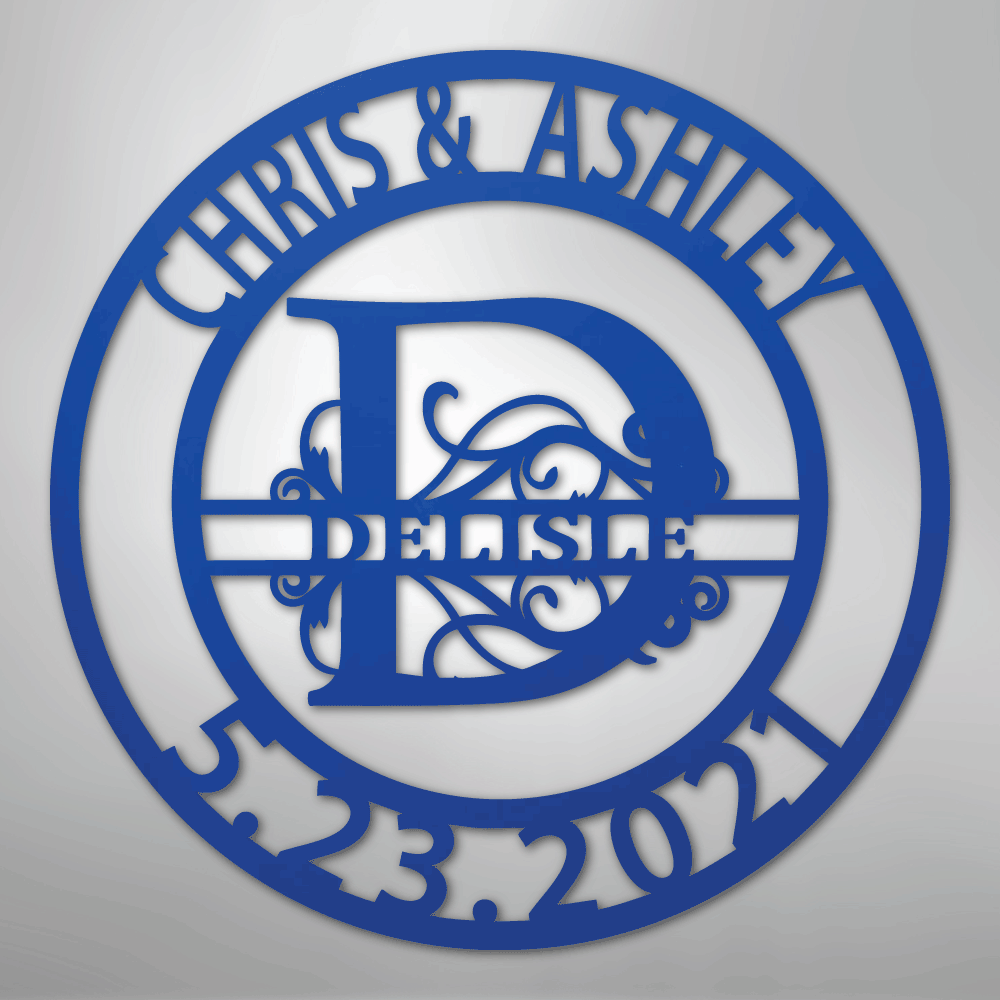 Steel Sign Blue / 24" Elaborate Split Letter Family Name - Steel Sign