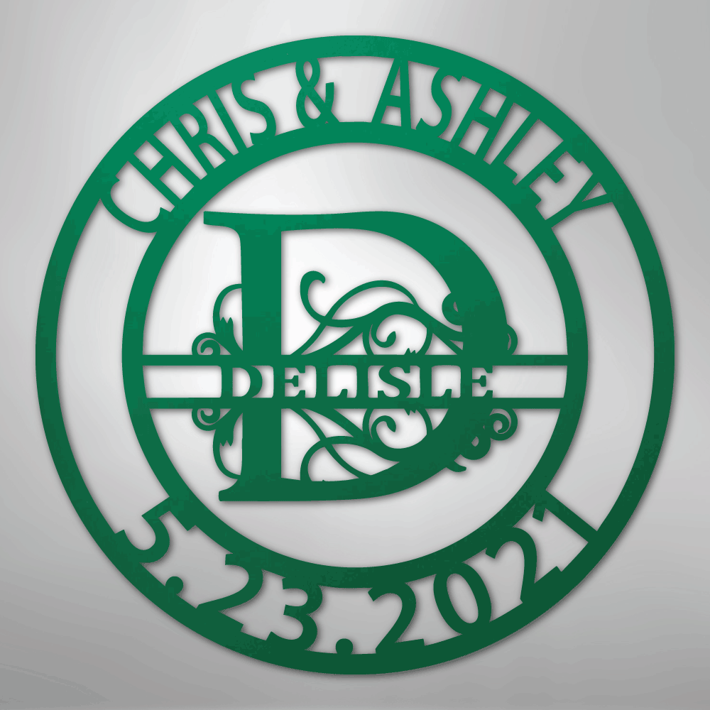 Steel Sign Green / 24" Elaborate Split Letter Family Name - Steel Sign